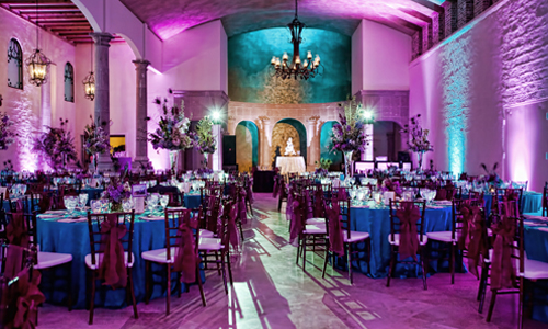 Reception Table Setup with Uplighting at The Bell Tower on 34th