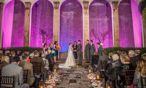 Wedding Ceremony Aisle with Purple Uplighting at The Bell Tower on 34th